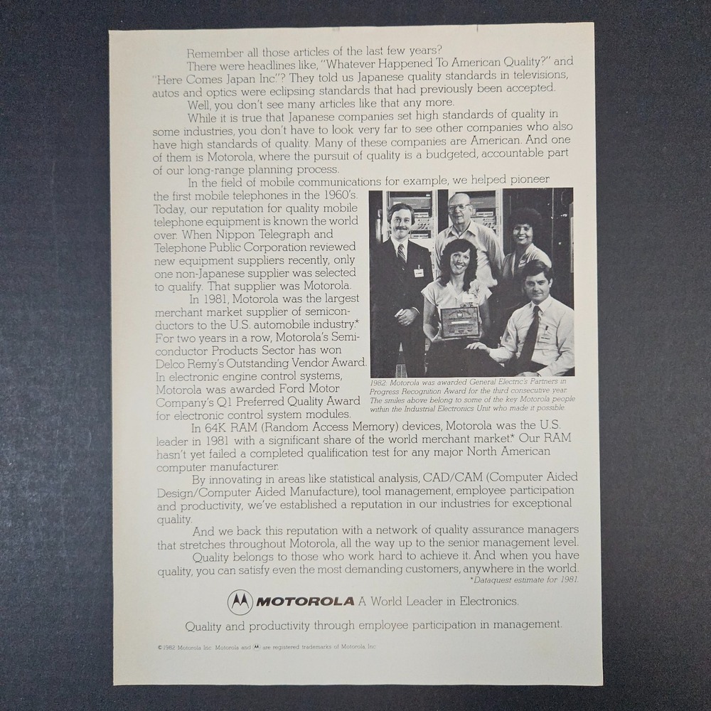 1982 Motorola GE Partners In Progress Recognition Award Vintage Print Ad CAD/CAM